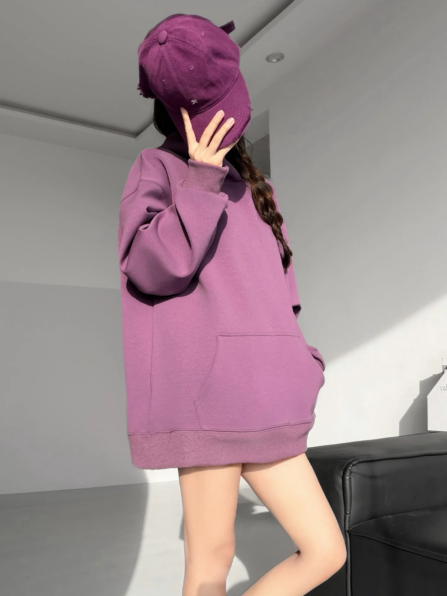 Moletom feminino solto cor roxa confortável longo sve tripulação ne moletom commute sle casual faion plus size top