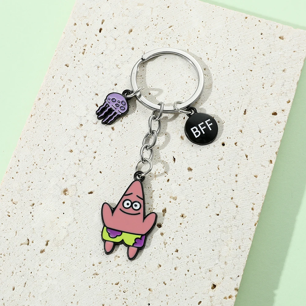 Anime SquarePants Metal Keychain Kawaii Patrick Star Captain Eugene Model Pendant Key Rings for Backpack Ornament