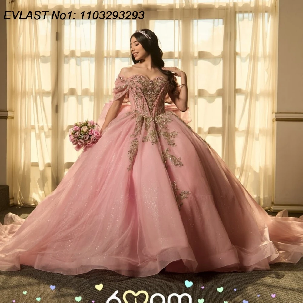 

EVLAST Customized Mexican Pink Quinceanera Dress Ball Gown Gold Lace Applique Beading Bow Sweet 16 Vestidos De 15 Anos E1QN786