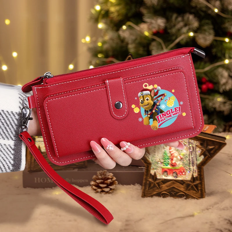 Cute PAW Patrol Long Leather Wallet Cute Cartoon Red Christmas Thin Coin Purse Fashion Printed Woman Business Card Storage Bags