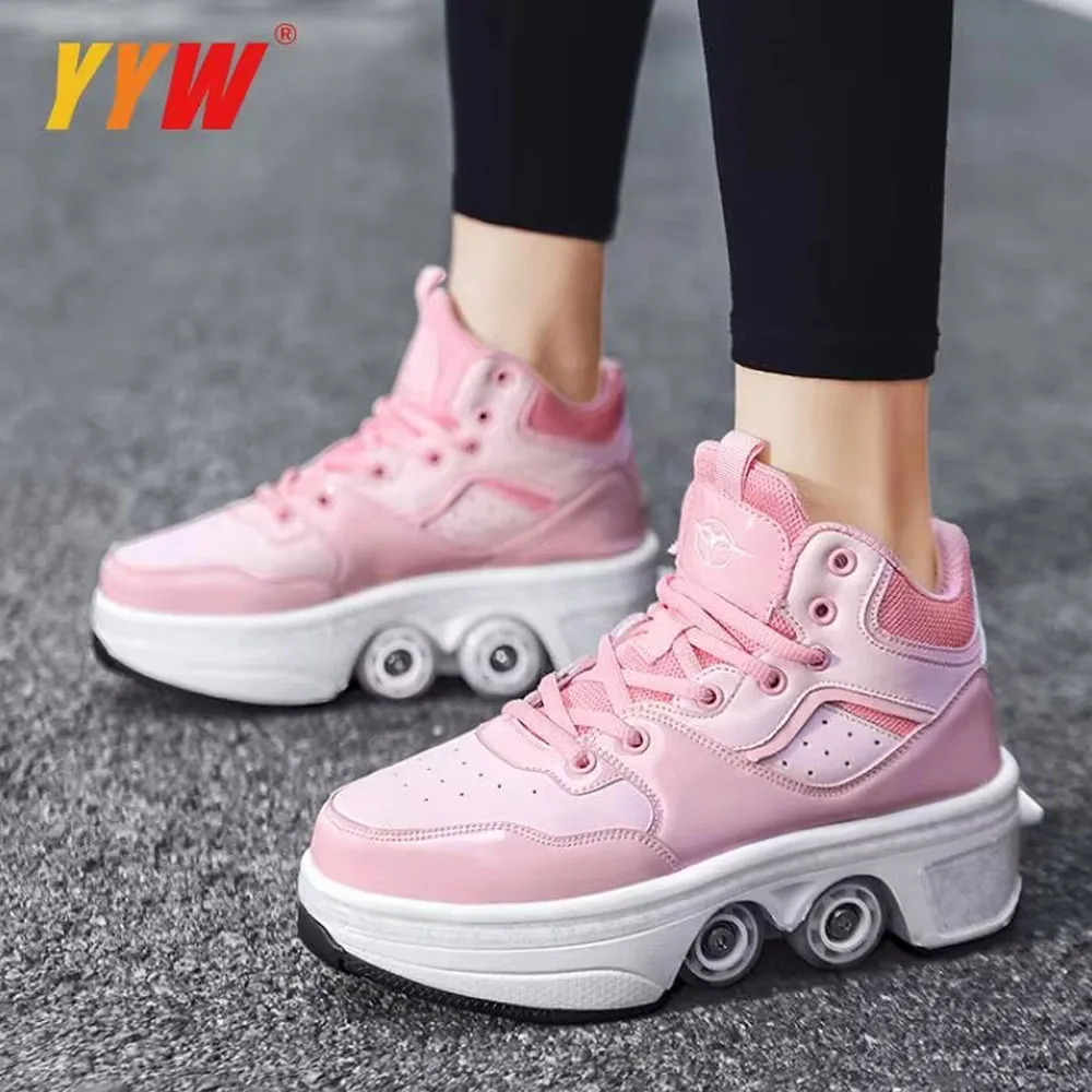 Portable Deformation Roller Skate Shoes Parkour Roller Shoes Sneakers With Four Wheels Running Shoes ​For Unisex Children Shoes