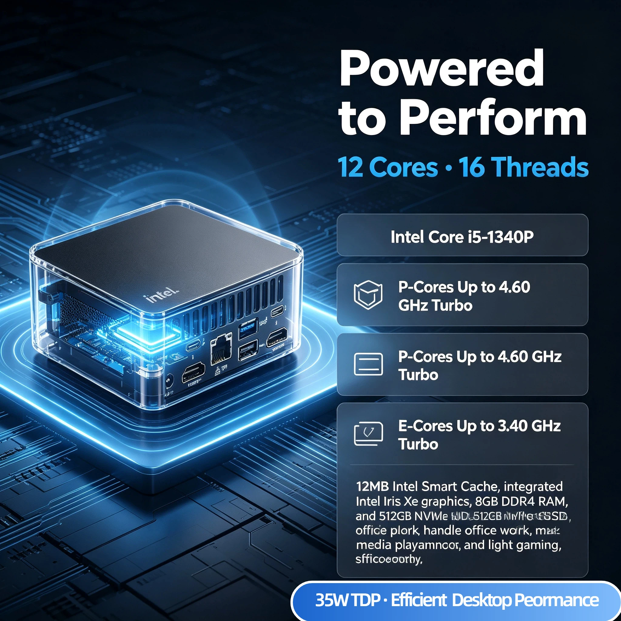 MINI PC Intel (NUC13ANKi5) 1xRJ45 LAN Suooprt WiFi 6 Bluetooth 5.3 Windows 11 Pro DDR4 8G RAM 512G SSD Industrial computer