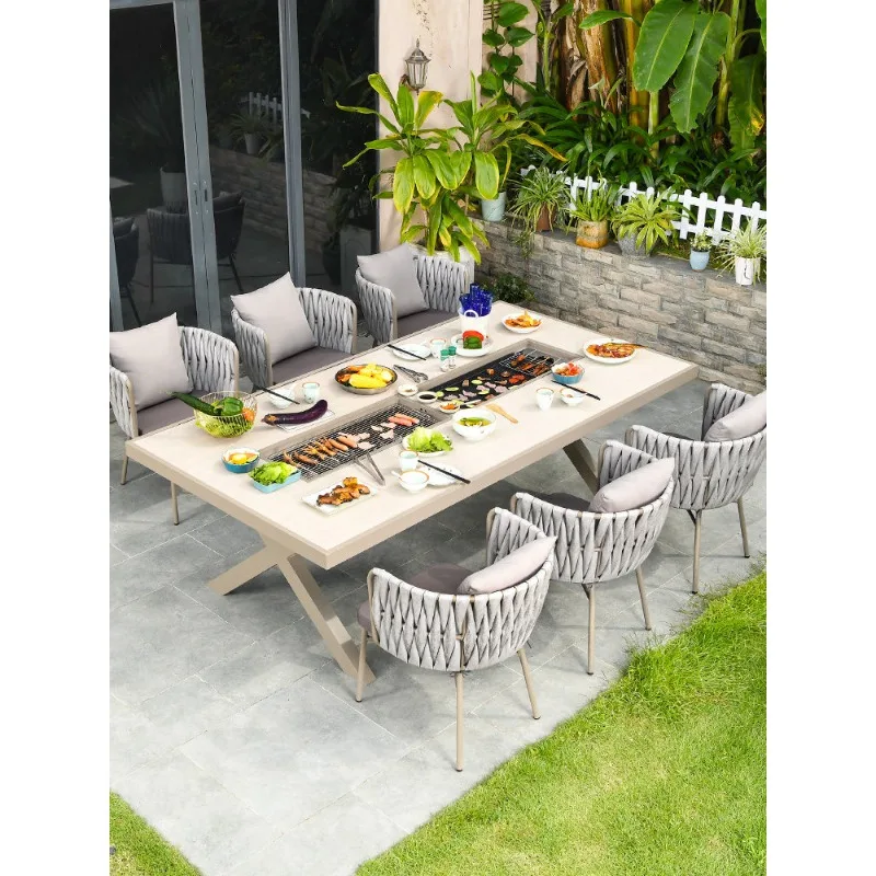 Outdoor tables and chairs aluminum alloy Nordic barbecue table courtyard garden leisure rooftop yard outdoor crochet rattan chai