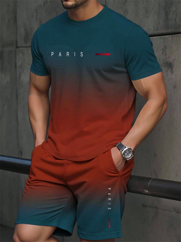 2026 Men's Two-Piece Streetwear Fashion Set: T-Shirt and Shorts Casual Everyday Short-Sleeve Top Outdoor Beachwear Shorts