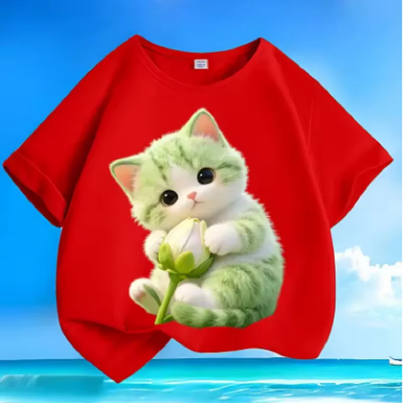 Funny Cat Summer Cartoon New Children's Short Sleeve T-shirt Pure  Round Neck Loose Parent Child Versatile Top