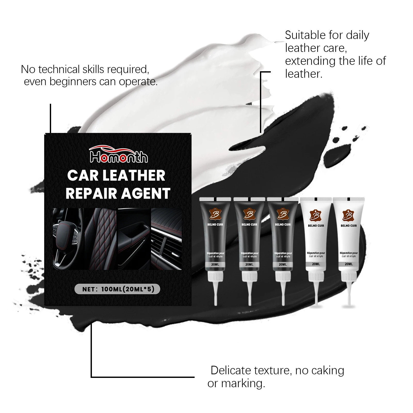 HOMONTH Car Leather Repair Kits Black & White Repairation Agent Easily Covers Leather Scratches Seat Scuffs Adjustable Colors