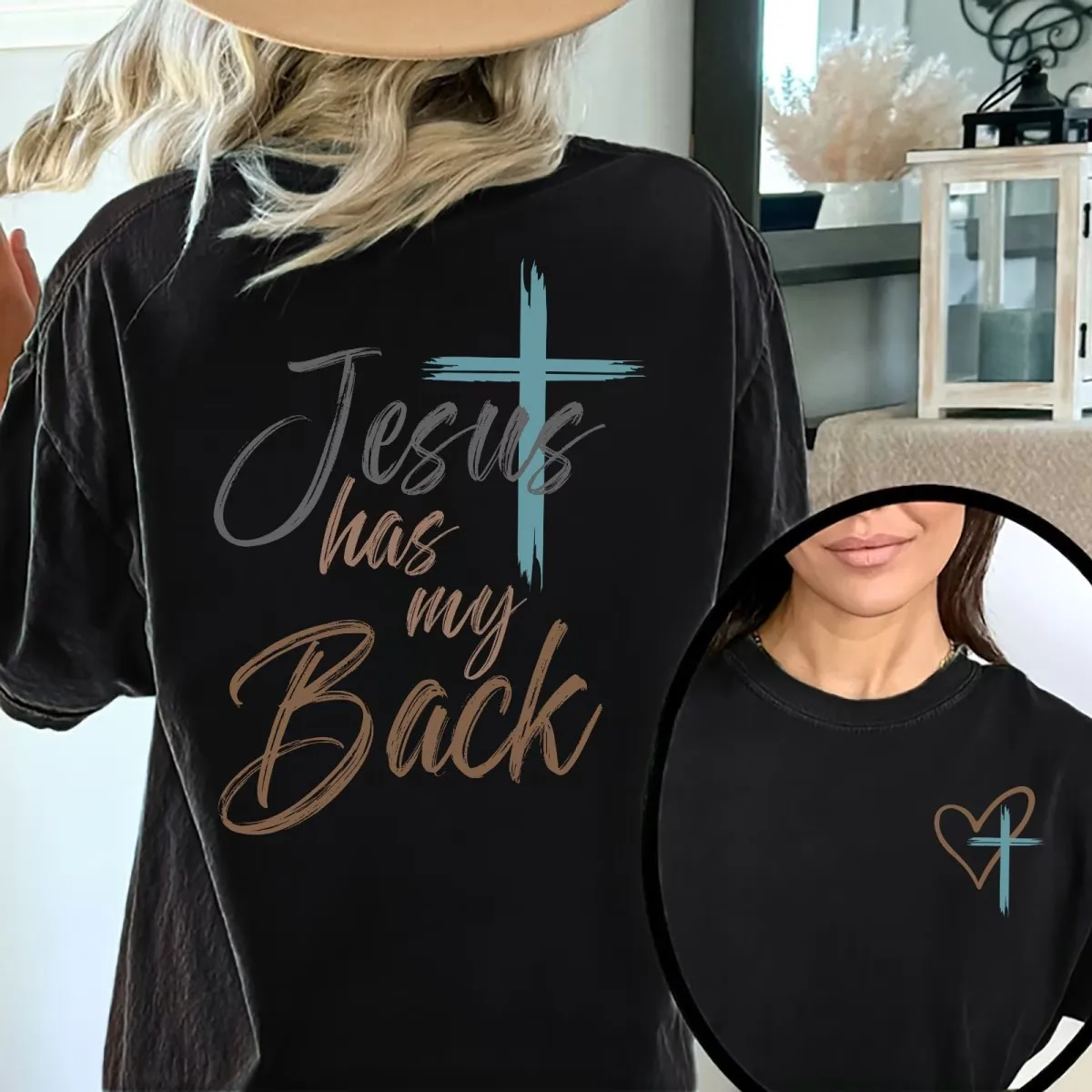 Jesus Has My Back Cross Heart Graphic Tee Religious Faith Casual Cotton Women's T Shirt