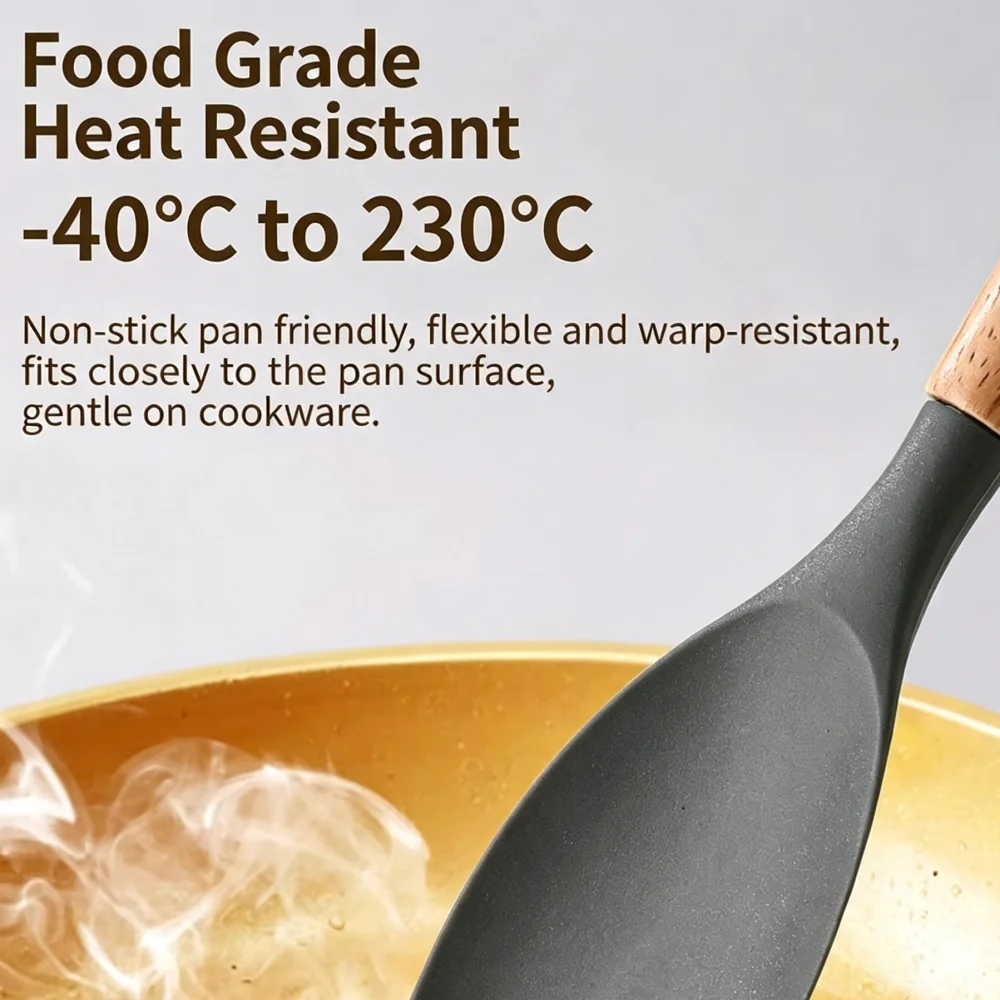 Wood Handle Silicone Spatula, Food‑Grade Heat‑Resistant Kitchen Cooking Spoon, Non‑Stick Cookware Friendly Utensil, Random Color