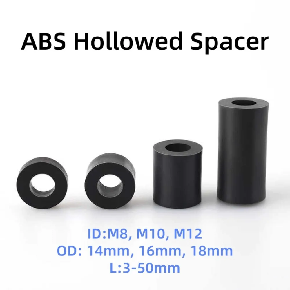 Black ABS Nylon Spacers, M8/M10/M14 Non-Threaded Hollow Standoff Washers, OD 14/16/18mm L 3-50mm PCB Screw Columns