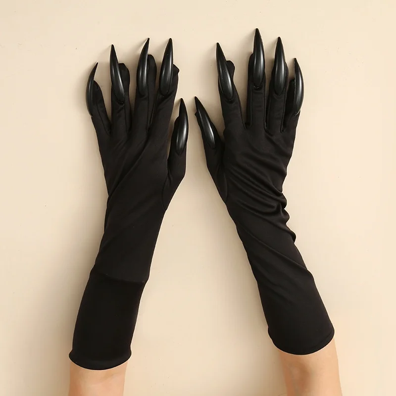 Halloween Cosplay Party Makeup Stretch Gloves Horror Black Scary Devil Ghost Claw Long Nail Gloves Gothic Stage Dress Up Mittens