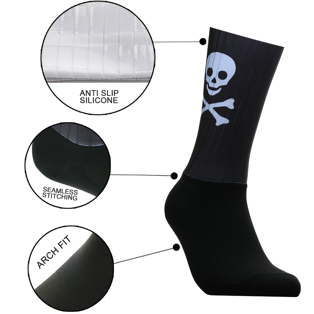 Cycling Silicone Aero Seamless Sports Non-slip Socks Breathable Skull Pattern Road Bike Racing Socks