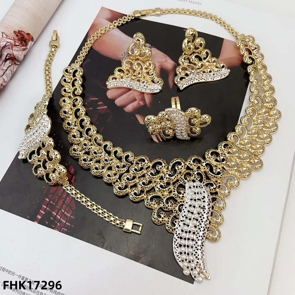Nigeria Original 18K chapado en oro conjunto de joyería mujeres gran negrita collar pendientes pulsera anillo accesorio para fiesta de boda FHK17296