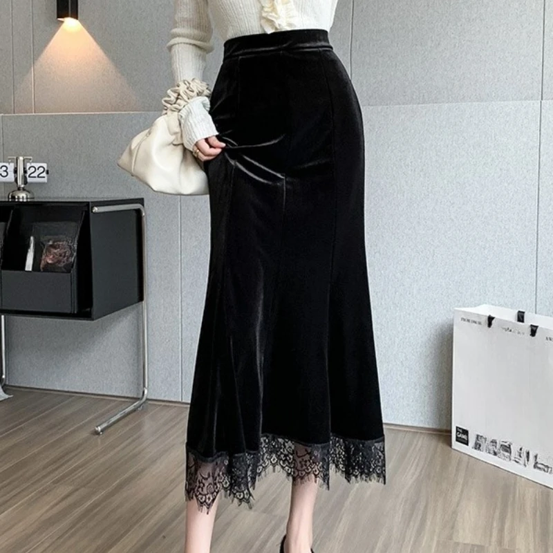 

Autumn Winter Vintage Velvet Lace Patchwork Women's Wrap Skirts 2025 New High Waist Black Casual A-line Skirts Female
