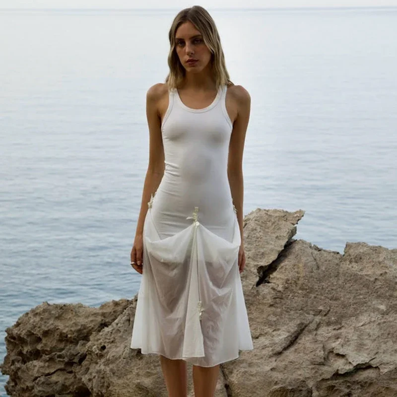 Vestido largo informal de verano con tirantes anchos, traje de dos prendas con lazo de cintura alta, malla de retazos, elegante, 2024