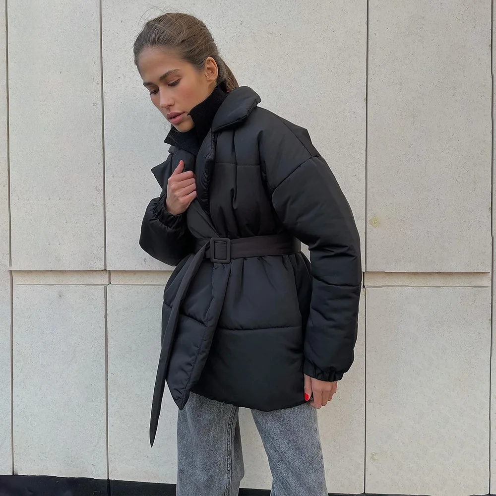 Winter New Thick Lapel Waist Cotton-padded Coat Slim Solid Color Cotton-padded Jacket Coat Woman