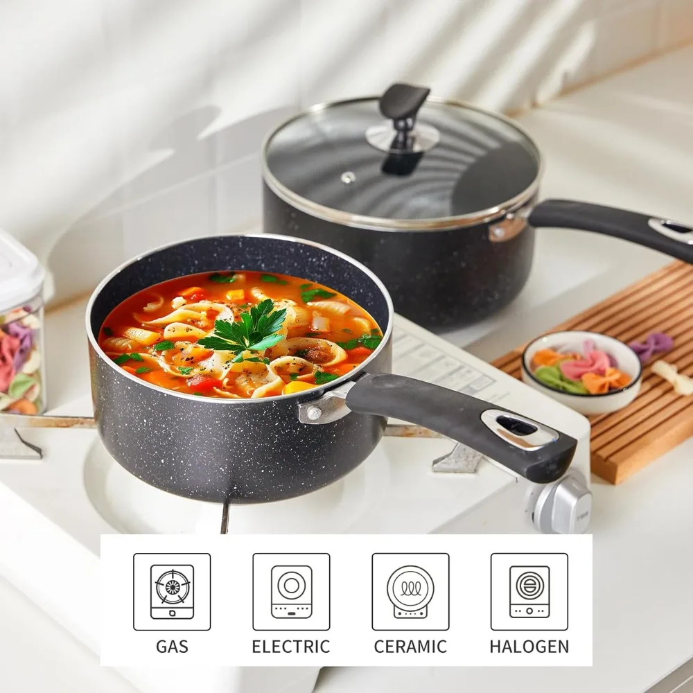 

Nonstick Saucepan Set with Glass Lid 1Qt 2Qt 3Qt Small Milk Pot Silicone Handle Kitchen Cookware