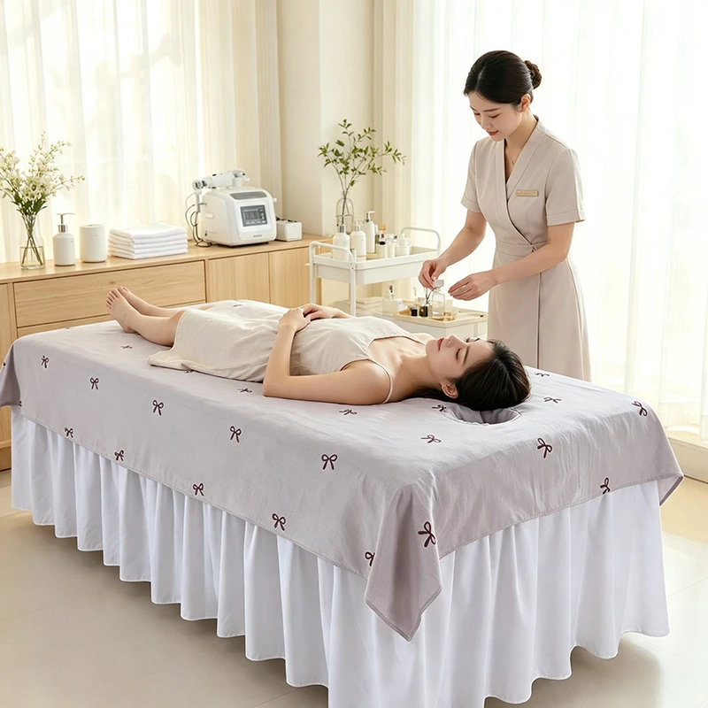2PCS Korean-style Flower Print Massage Table Sheet Skin Friendly Washed Cotton Beauty Bed Cover with Face Hole for Beauty Salon
