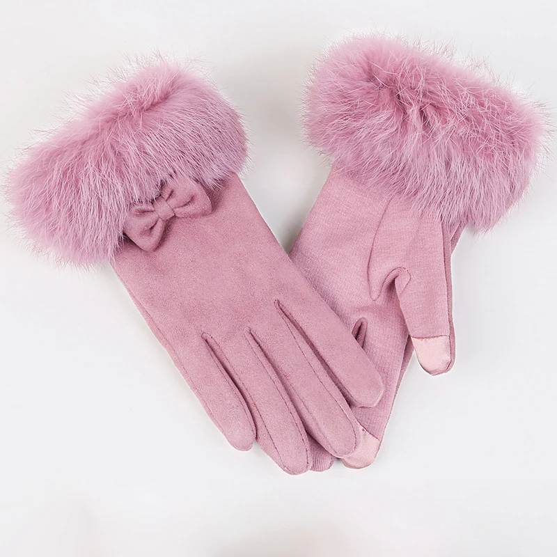 2025 New Polyester / Viscose Adult Winter Warm Gloves With Genuine Rabbit Fur Trimmed Touch Screen Gloves