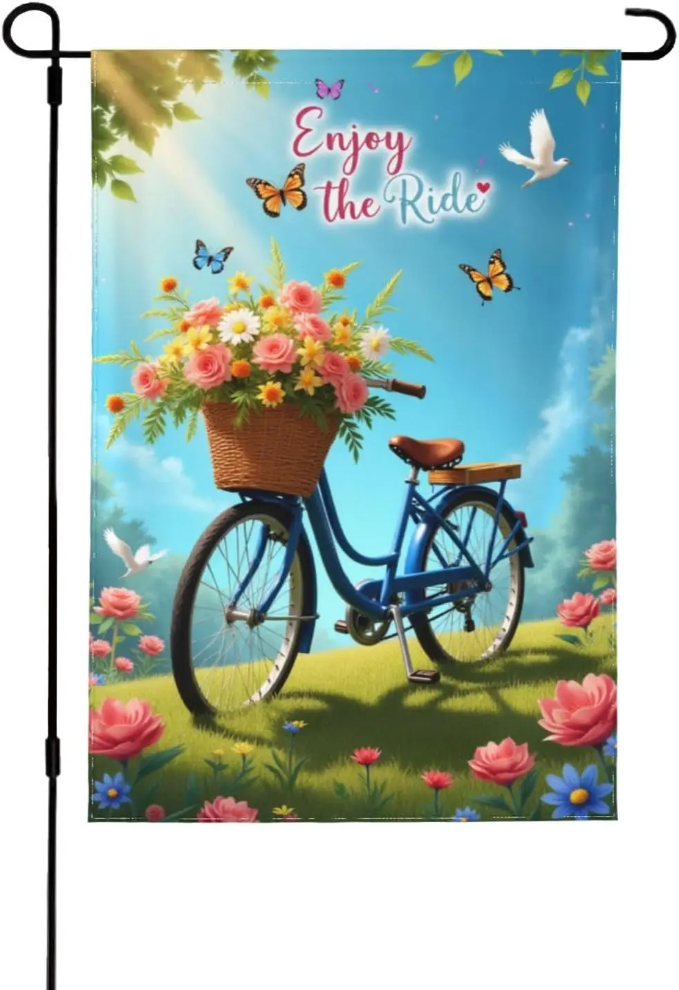 Enjoy The Ride Garden Flag 12x18 Inch Double Sided Bicycle With Flowers Spring Summer Outdoor Yard Flag Butterflies And Dove UUX