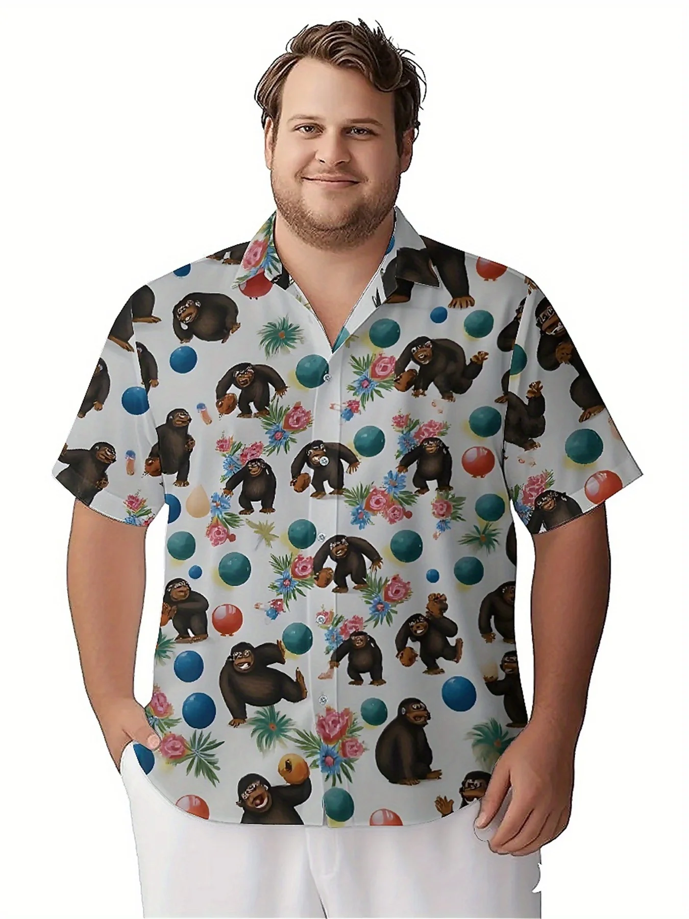Men's Plus Size Hawaiian Shirts Monkey Theme Pattern, Button Up Shirts, Unisex Casual Clothing, Summer Tops