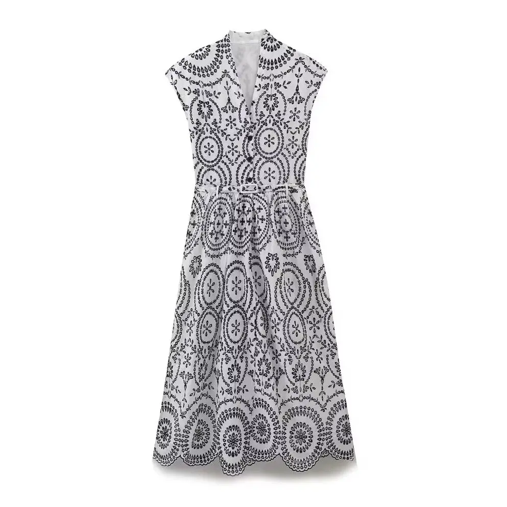 فساتين نسائية صيفية مطرزة أنيقة من KONDALA بدون أكمام ورقبة على شكل حرف v وأزرار وشاحات فساتين غير رسمية موضة 2025 فساتين عتيقة