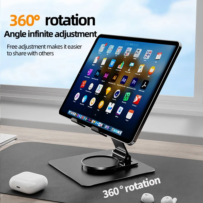 Tablet Stand Holder for Desk, Swivel iPad Stand with 360 Rotating Base, Carbon Alloy Foldable Desktop Stand Holder