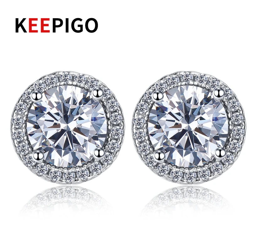 

KEEPIGO S925 Sterling Silver 1ct Simple Fashion White Zircon Round Stud Earrings Euramerican Luxury Earrings Man Or Women ra203