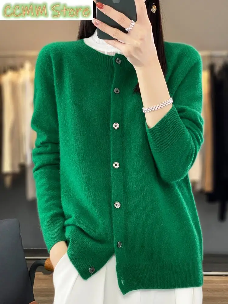 Women O-neck Cardigan Merino Wool Sweater Long Sleeve Cashmere Knitwear Tops Loose Women T-Shirt Spring Autumn Winter