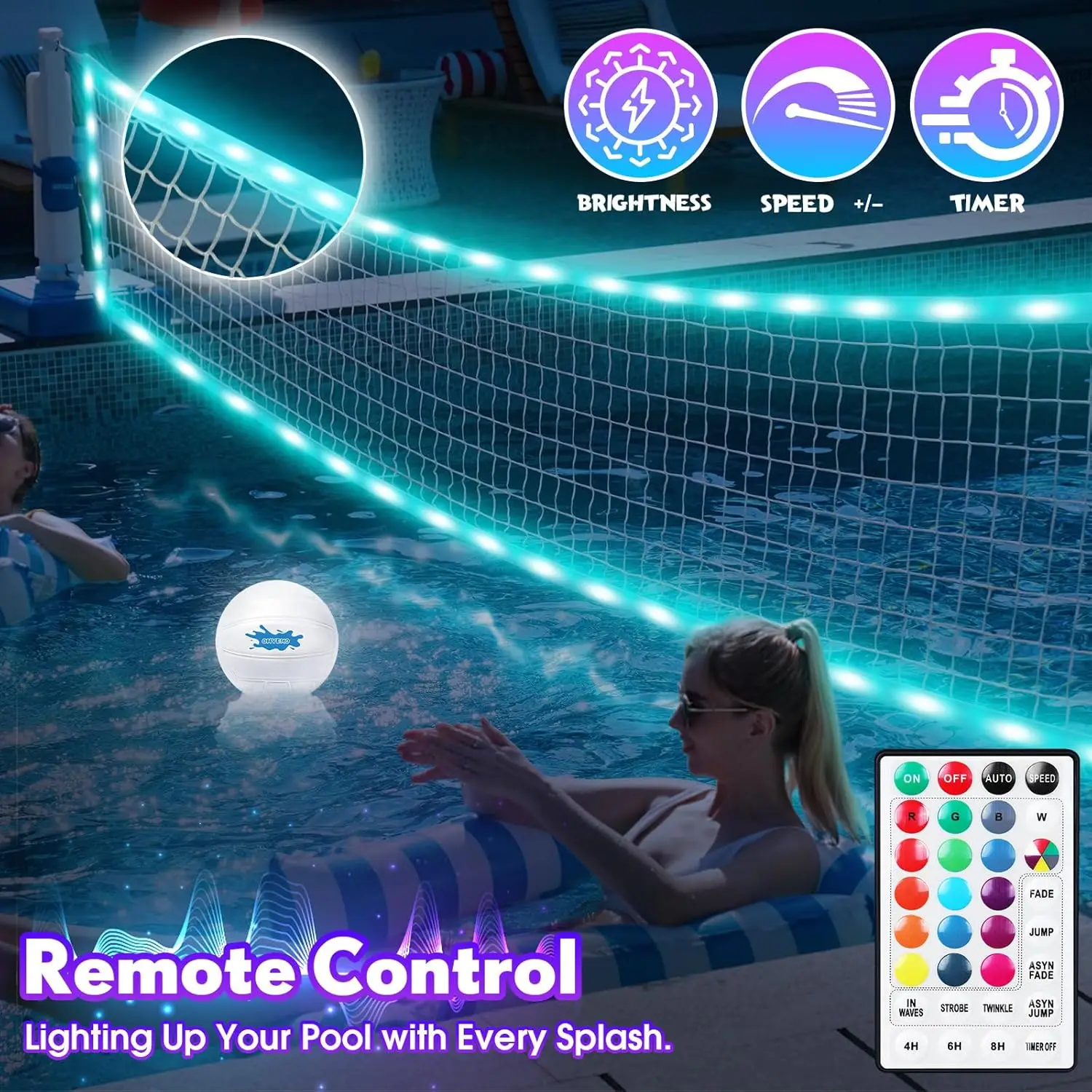 LED-Illuminated Pool Volleyball Net Set - Includes 2 Glowing Water Balls, Adjustable Net & Air Pump, Swimming Sports Game for Adults & Teens, Inground Pool Party Toy