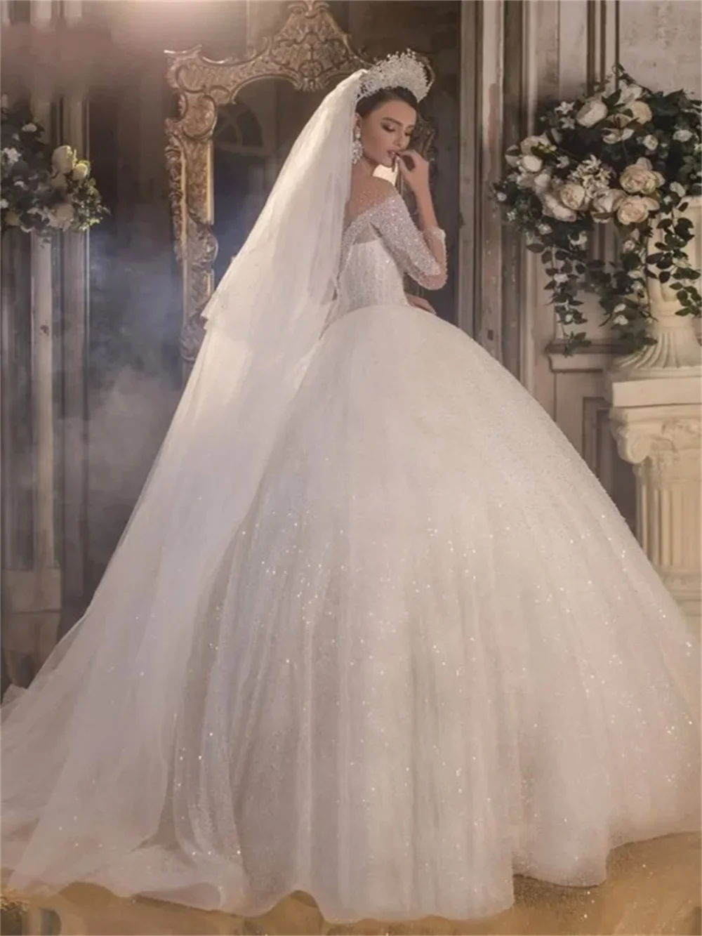 Klassisches Langarm-Brautkleid 2024, bezauberndes Perlen-Hochzeitskleid, romantisches A-Linie, bodenlanges Kleid, Vestidos De Novia