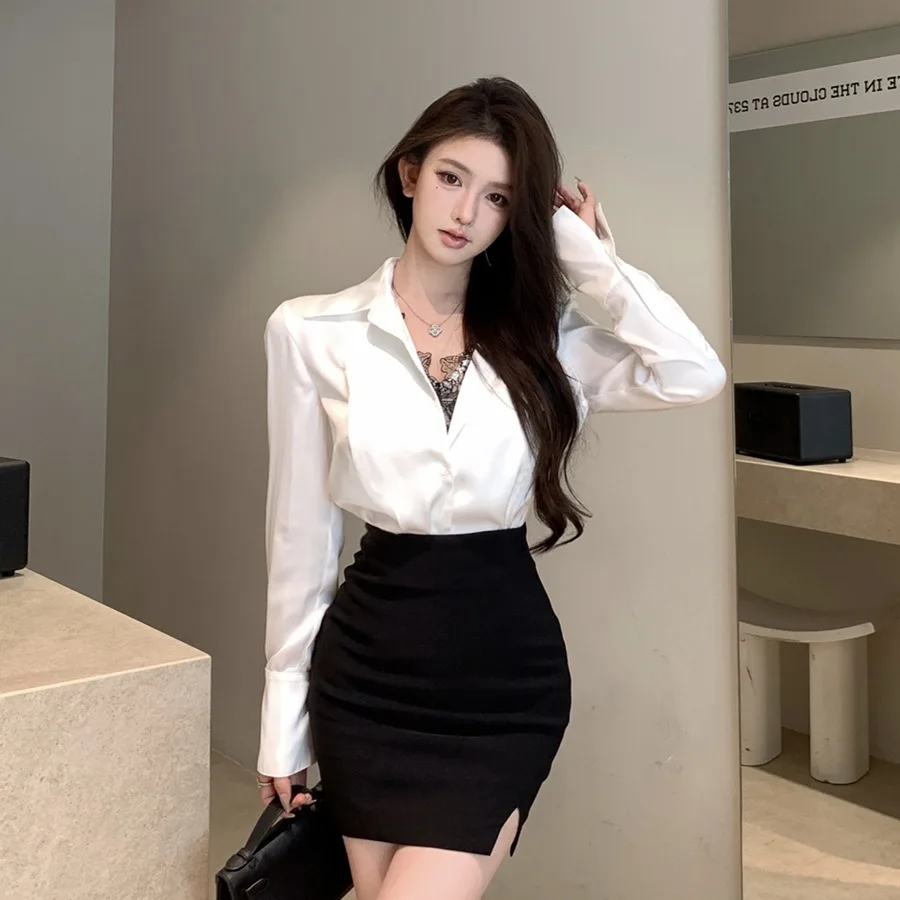 Retro Sexy Lace Splice V-Ne Long Sve Satin irt High Waist Bodycon  Skirt Women's Faion Set Winter Commute Sle