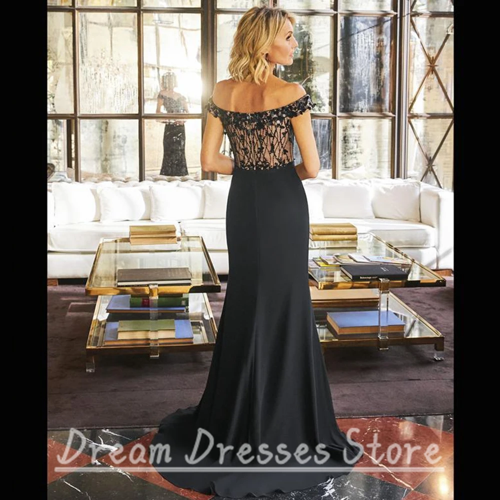 Elegant Black Chiffon Sequin Mother of the Bride Dress Off the Shoulder Side Slit Floor Length Wedding Party Banquet Guest Gown