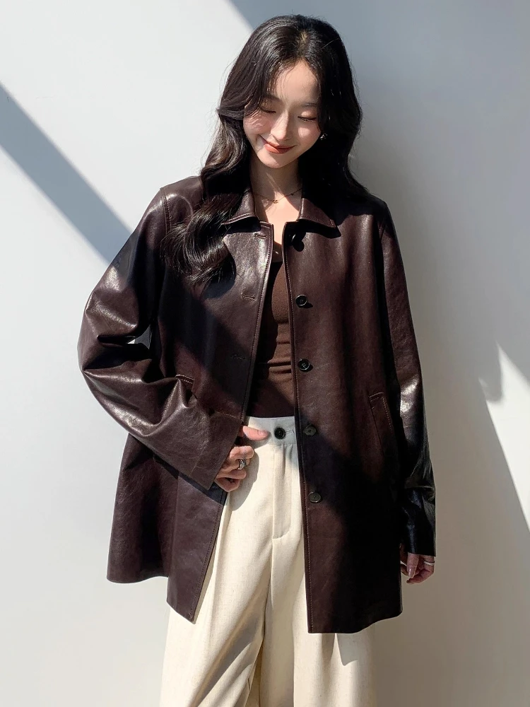 Vintage Genuine Leather Blazer Jackets for Women Spring Autumn 2025 New High-end Simple Loose Soft Oil Wax Real Sheepskin Coat