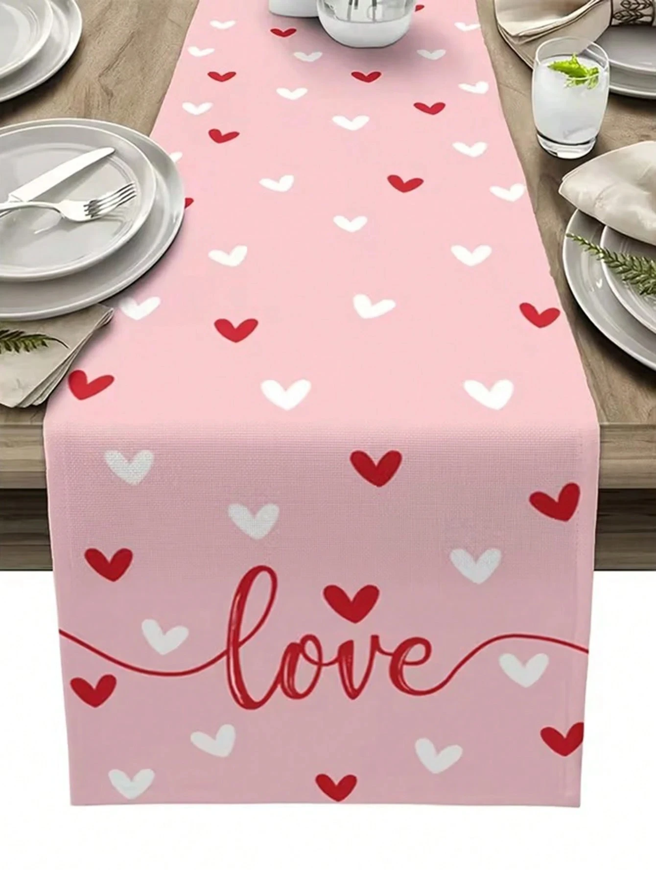1 x Valentinstag-Tischläufer, mit Herzmuster für romantisches Abendessen, Tischdekoration, Küche, Schlafzimmer, Jahrestag, Hochzeit, Party