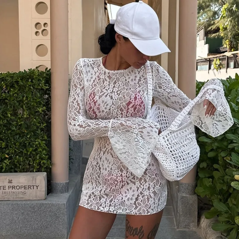 Talenza Summer Sexy Dress Women's Fashion Beach Vacation Lace-Up See-Through Bikini Dress Set Casual Lace Backless Women's Dress