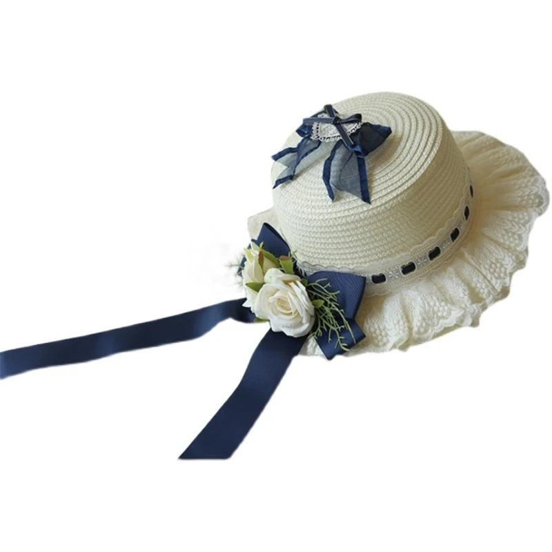 

F19F Handmade SunHat Lace Decorated Pastoral Tea Party for Lolita Women