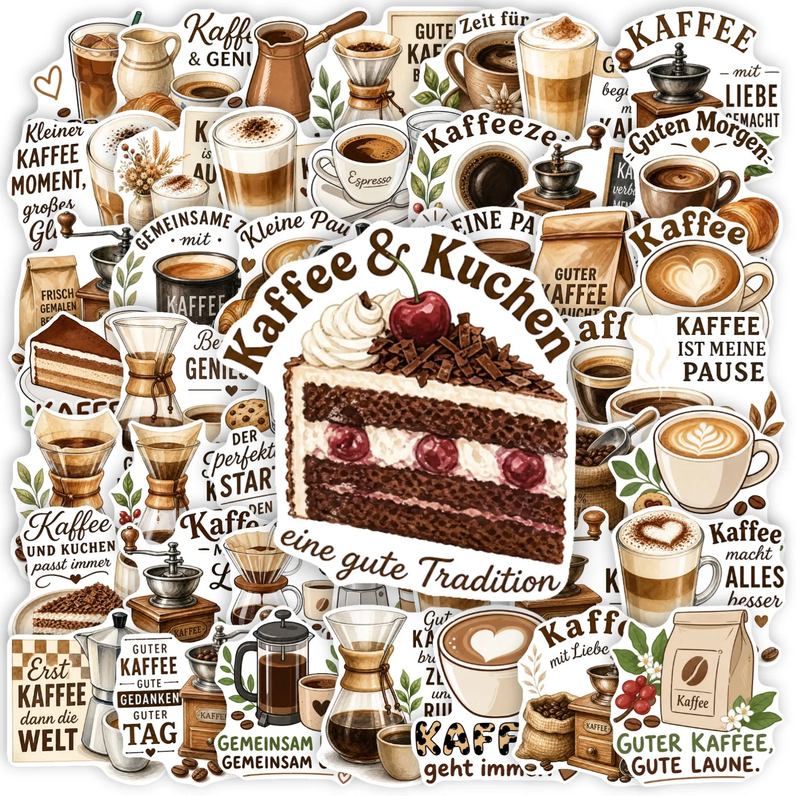50 PCS Hand Drawn Baking Food German Coffee Quote Stickers Hand Account Stationery Water Cup Decorate Waterproof Decals