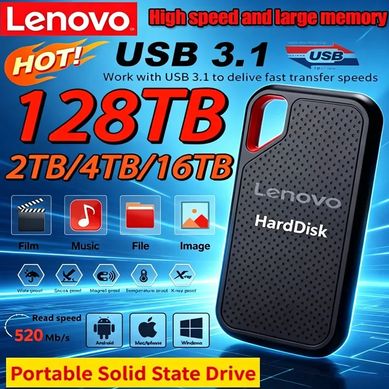 

Lenovo SSD 256TB Mobile Hard Disk E60 2TB 8TB 128TB USB 3.1 HD External Hard for Laptop PS5 Mobile Hard Disk HDD Storage Devices