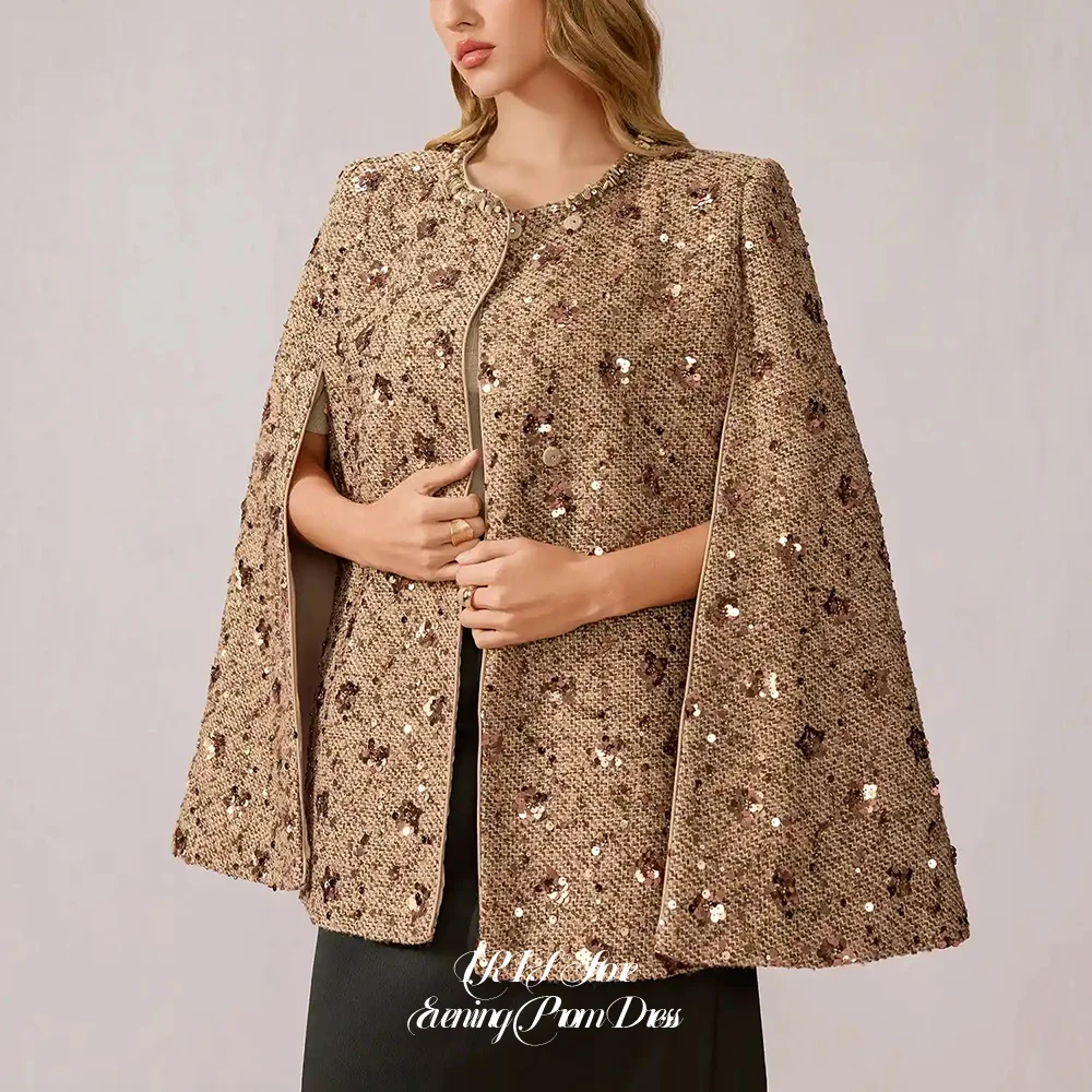 Luxury Sequin Beaded Tweed Cape Jacket Black Skirt for Women O-Neck Evening Outerwear for Prom Gala Wedding Guest view 4