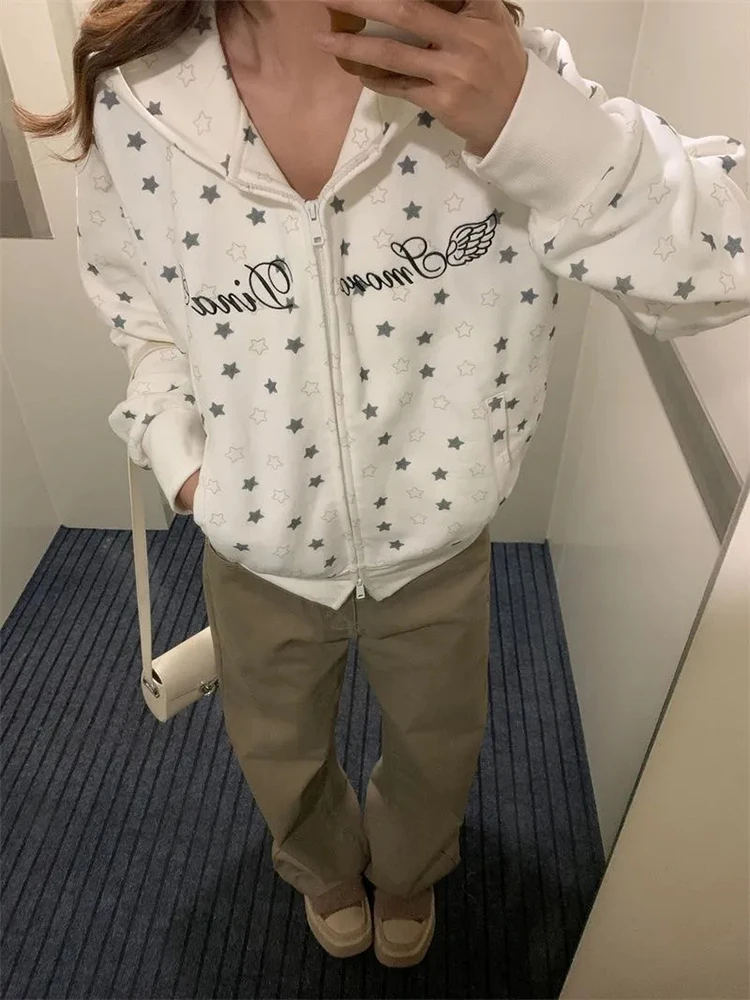 

Vintage Streetwear Hoodies Women Autumn Winter Star Letter Print Zipper Sweatshirts Long Sleeve Hottie Loose Casual Preppy Coats