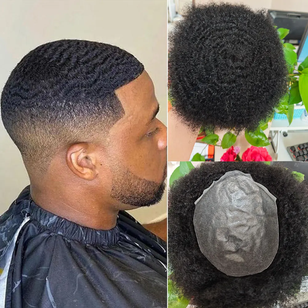 Afro kinky Curly360 WaveToupee for Black Men Full Skin PU 6mm curly African American Human Hair piece Replacement System 8