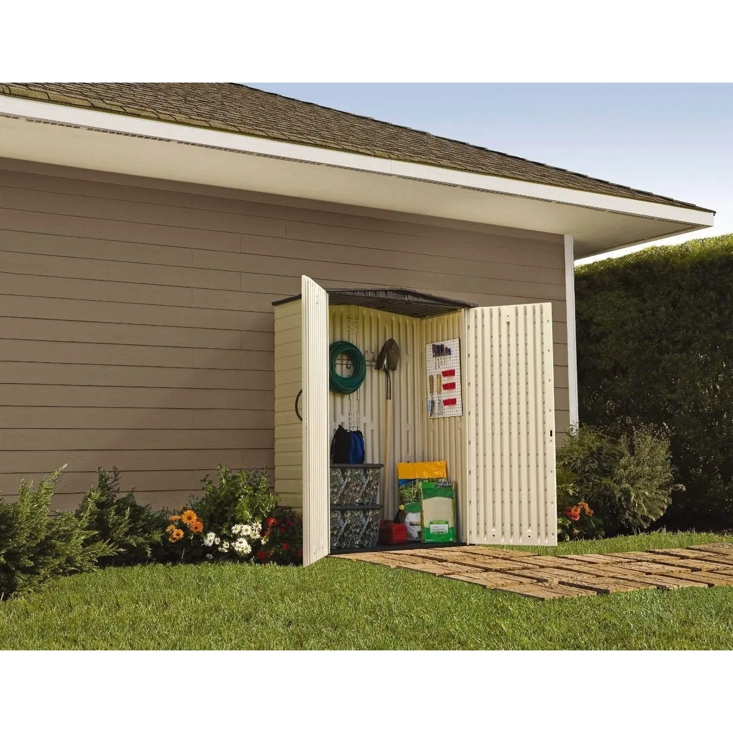 Rubbermaid-Weather Resistant Outdoor Storage Shed, Resina, Sândalo, Onyx Telhado, para Jardim, Quintal, Casa, Piscina, 5x2ft