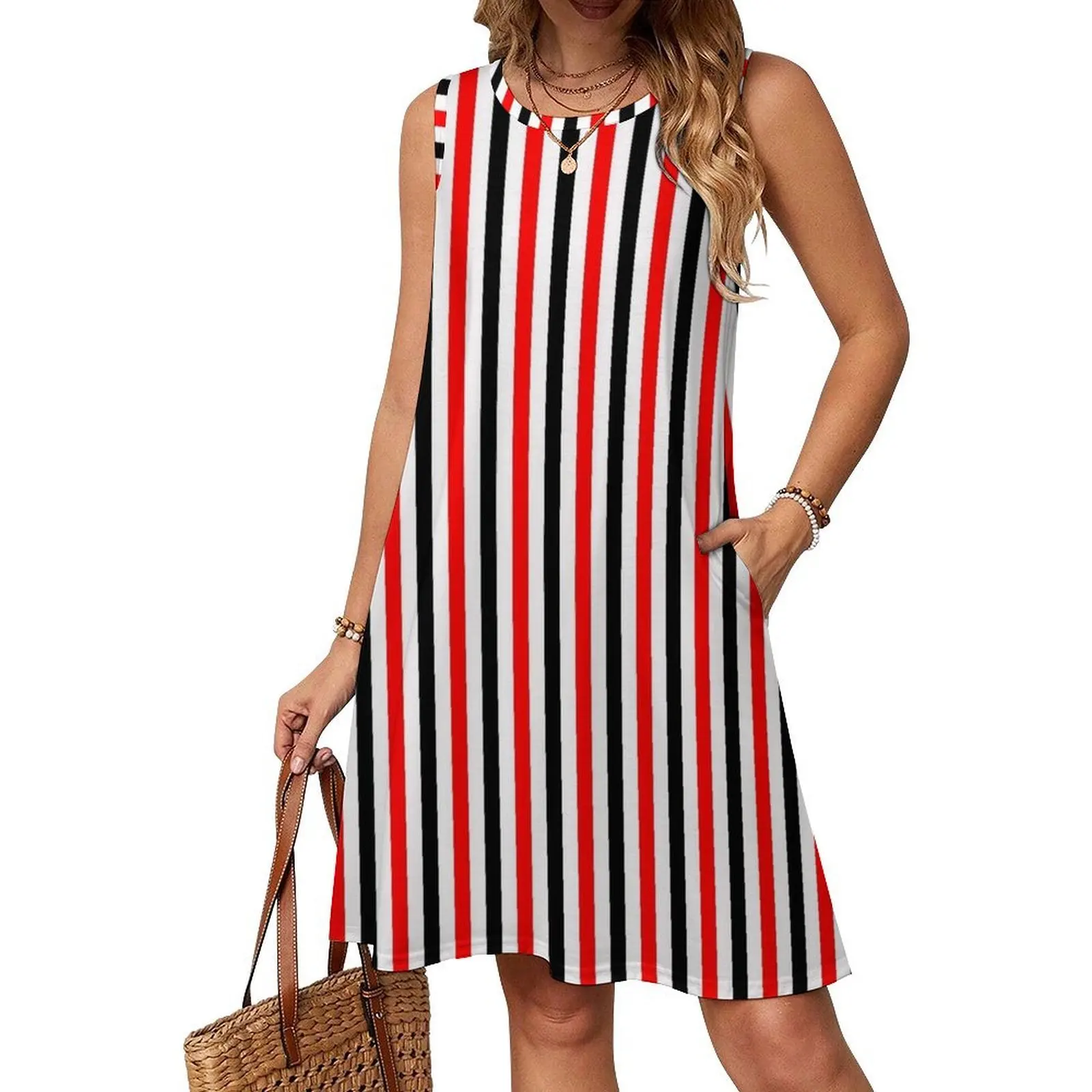Red White Black Stripes Pattern Bohemian Sleeveless Dress Multi-Print Beach Vacation Party Dress Red Stripes Pattern Black view 4