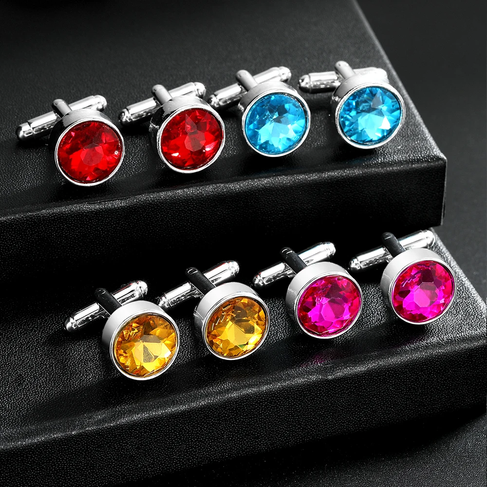 2Pcs/Set Small Pretty Full Crystal Round Cufflinks For Mens Shirt Suit Jewelry 18 Colors Choose