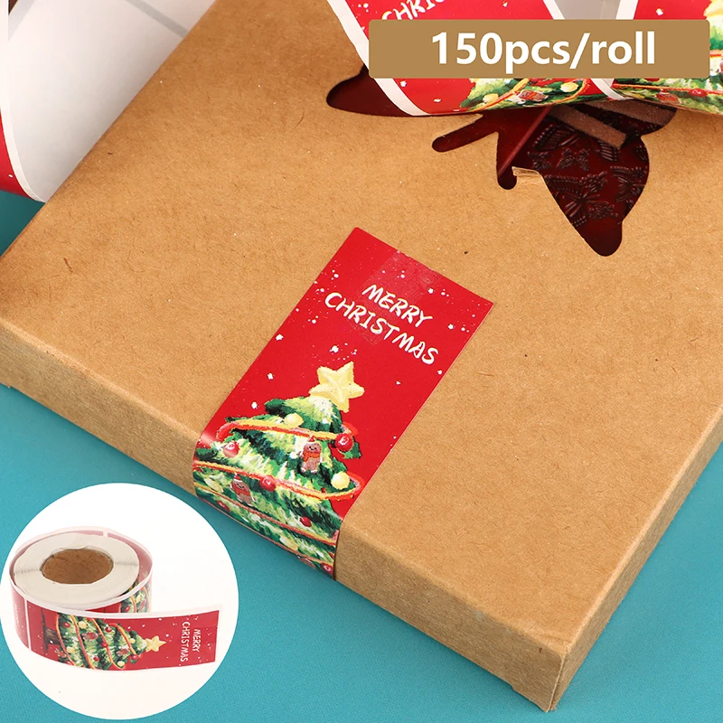 150Pcs/Roll Cute Merry Christmas Stickers 3*9CM Rectangle Red Christmas Gift Decorative Sealing Stickers Packaging Box Labels