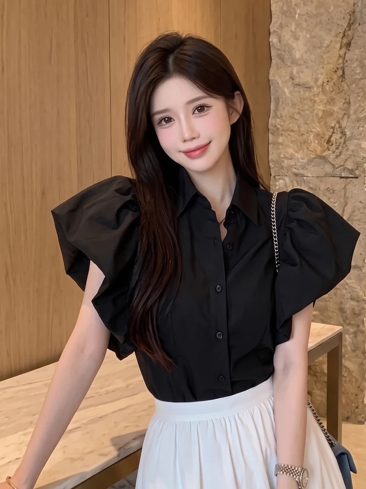 Retro Elegant Collared Single Button Design Flying Sleeve Shirt Court Style Pure Desire Slimming Top for Young Women