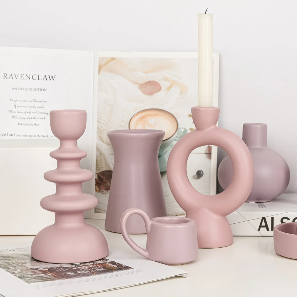 Classical Heavy Ceramic Candlestick, Romantic Pink Candle Holders Creative Shapes, Home Incense Candle Wedding Table Decoration