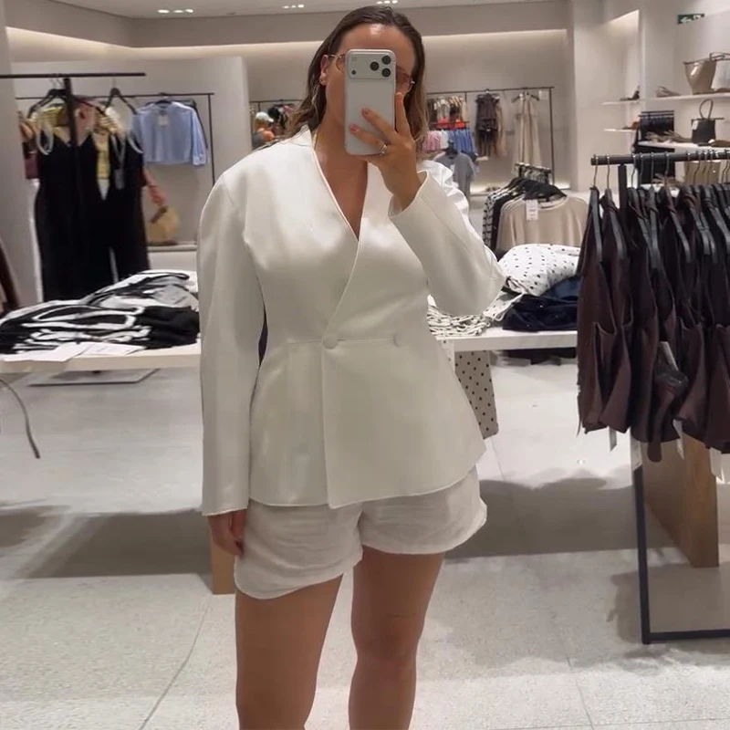Satin V-Ausschnitt Tailliertes Anzugjackett für Damen Elegante Langarm Doppelreihige Schlichte Schlanke Mäntel Modische Damen Neue Oberbekleidung – Detail 3