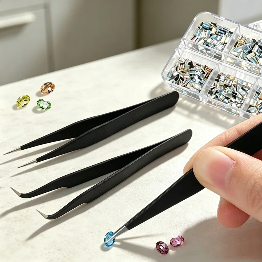 Precision Black Anti-Static Tweezers for Nail Art Rhinestones Pick Up & Eyelash Extensions Beauty Tools