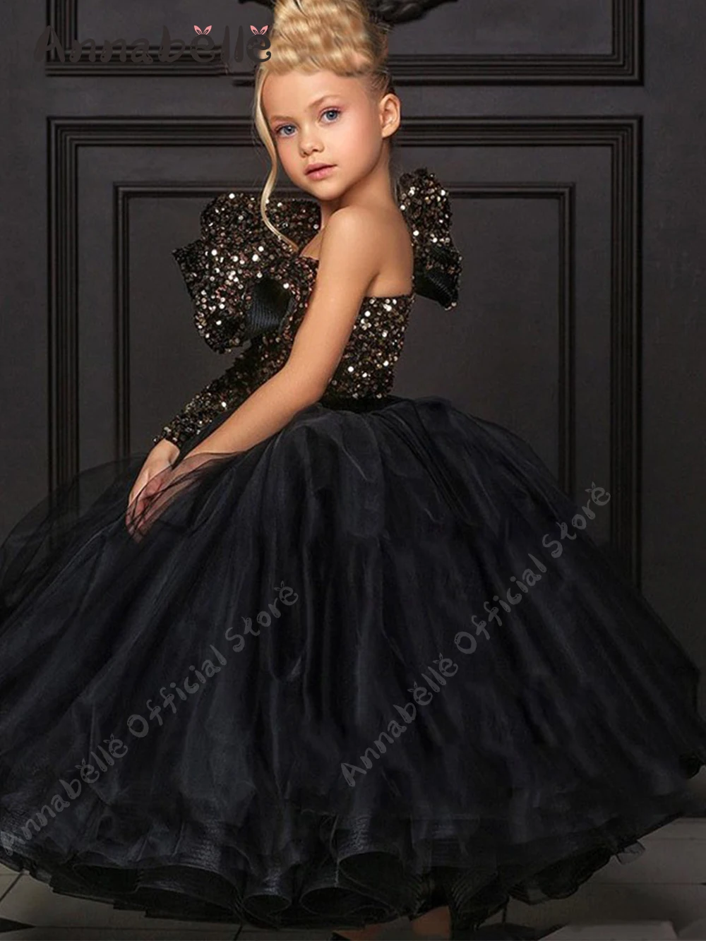 Annabelle Princess Girls Dress Sequin Single Room Long Sleeved Floor Length Gauze Performance  Dress